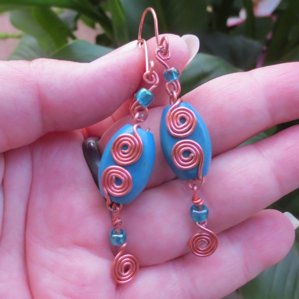 Handcrafted Earrings Boho Teal Wood Copper Spiral Lightweight Dangle Statement